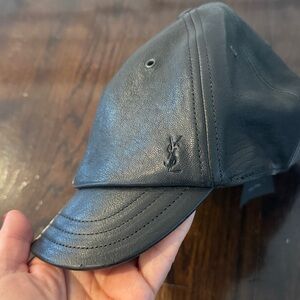 YSL Yves Saint Laurent Black Leather Baseball Cap NWT
